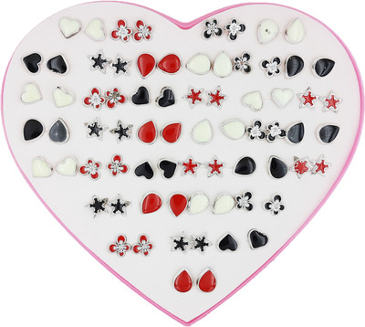 Karki Fusion Combo of 36 Pair of Red, Black & White (Silver) Trendy & Stylish Assorted Design Stud Earrings Plastic Stud Earring