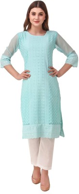 Kashtabhanjan enterprise Women Embroidered Straight Kurta(Light Blue)