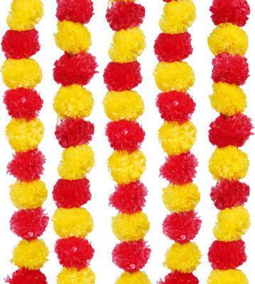The Phool Mala Artificial Genda Phool Marigold Fluffy Flowers Artificial Garlands Red & Yellow Mix Pack of 5 Plastic Garland(Red, Yellow)