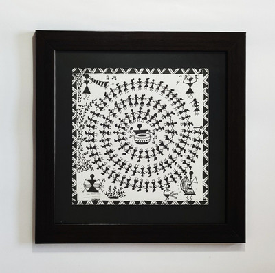 Shilpika Handmade Warli Swirl Painting Acrylic 12 inch x 12 inch Painting(With Frame)