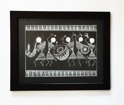 Shilpika Handmade Warli Musicians Acrylic 15 inch x 12 inch Painting(With Frame)