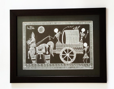 Shilpika Handmade Warli Horse Cart Acrylic 12 inch x 15 inch Painting(With Frame)