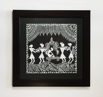 Shilpika Handmade Warli Marriage Procession Acrylic 12 inch x 12 inch Painting(With Frame)