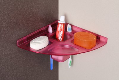 iSTAR pink Transparent Plastic Soap Dish Tooth Brush Holder Home Acrylic Bathroom Faucets Accessories 5 in 1 Corner Acrylic Wall Shelf (Number of Shelves - 1) Acrylic Wall Shelf(Number of Shelves - 1, Pink)