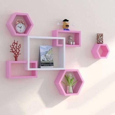 rizqarts Wall Shelf for Living Room Wall Mount Wall Shelves Storage Shelves Rack Rectangular and Hexagon Shape Standard (Pink & White) Wooden Wall Shelf(Number of Shelves - 6, Pink, White)