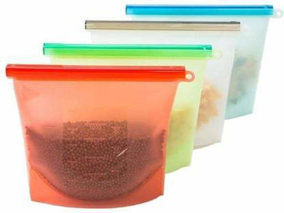 AMAZEE  4Pcs Silicone Food Storage Bag Reusable Freezer Bag Zip lock Leakproof Top Fruits Lunch Box Silicone Storage Pouch  (Pack of 4) Silicone Storage Pouch(Pack of 4)