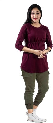 trender Casual 3/4 Sleeve Solid Women Maroon Top