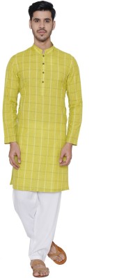 MANYAVAR Men Checkered Straight Kurta(Light Green)