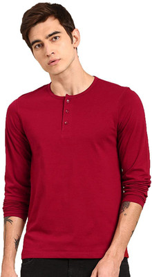 LazyChunks Solid Men Henley Neck Maroon T-Shirt