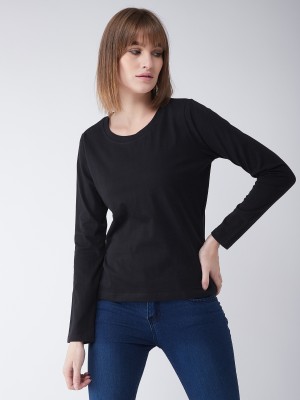 Miss Chase Solid Women Round Neck Black T-Shirt