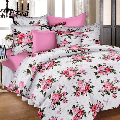 Huesland 144 TC Cotton King Floral Flat Bedsheet(Pack of 1, White, Pink, Green)