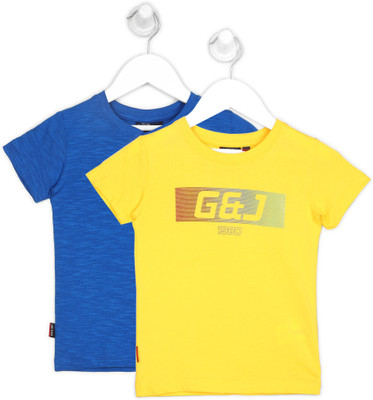 GINI JONY Boys Printed Self Design Cotton Blend T ShirtYellow Pack of 2