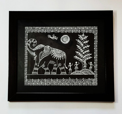 Shilpika Handmade Warli Elephant Acrylic 12 inch x 14 inch Painting(With Frame)