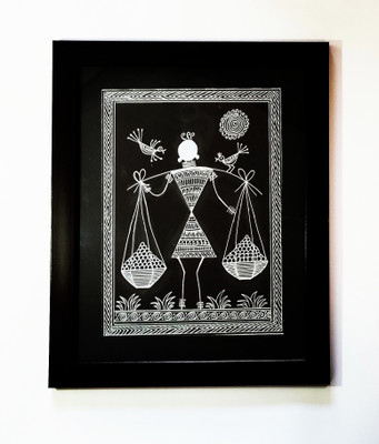Shilpika Handmade Warli Tribal Woman Acrylic 15 inch x 12 inch Painting(With Frame)