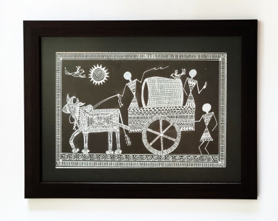 Shilpika Handmade Warli Bullock Cart Acrylic 12 inch x 15 inch Painting(With Frame)