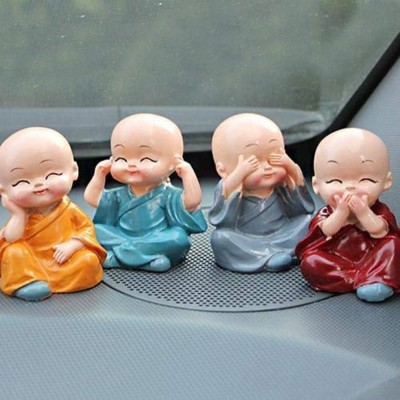 ASTRUMS Laughing Buddha Statue for Car Dashboard Decor/Home Decor/Cute Small Kung Fu/Little Monks Straw Hat for Car Dashboard/Set of 4 Monks/Car Crafts Decoration (Monk) Decorative Showpiece  -  6 cm(Polyresin, Multicolor)