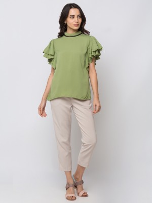 SHECZZAR Casual Bell Sleeve Solid Women Green Top