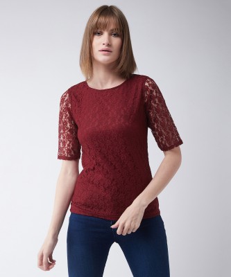 Miss Chase Casual Half Sleeve Self Design Women Maroon Top