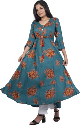 Neelo Kurti Women Printed Flared Kurta(Dark Green)