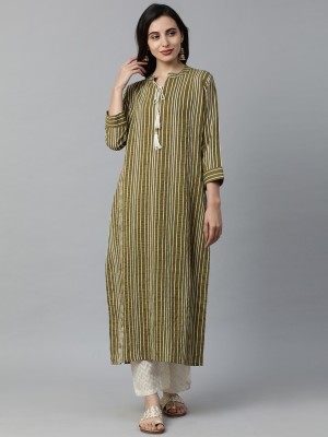 Indo Era Women Striped Straight Kurta(Green)