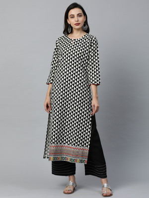 Indo Era Women Printed, Geometric Print Straight Kurta(Black)