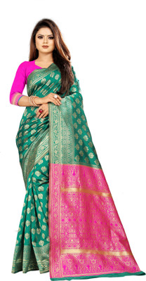 Aardiva Woven, Embellished Banarasi Pure Silk Saree(Green)