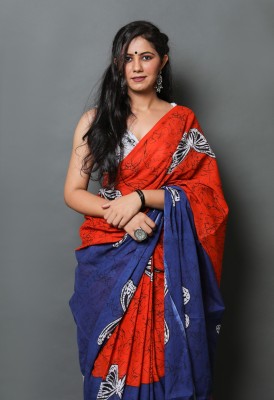 Divyam Printed Ikkat Pure Cotton Saree(Multicolor, Blue, Red)