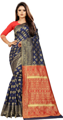 Aardiva Woven, Embellished Banarasi Pure Silk Saree(Dark Blue)