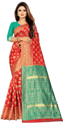 Aardiva Woven, Embellished Banarasi Pure Silk Saree(Red)