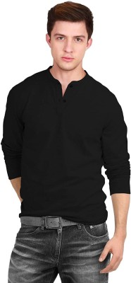 Lazy Chunks Solid Men Henley Neck Black T-Shirt