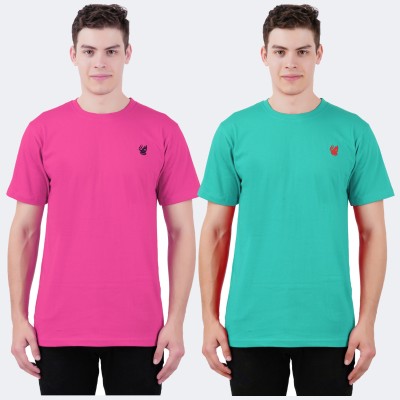 Just Live Fashion Solid Men Round Neck Pink, Light Green T-Shirt