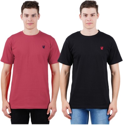 Just Live Fashion Solid Men Round Neck Maroon, Black T-Shirt