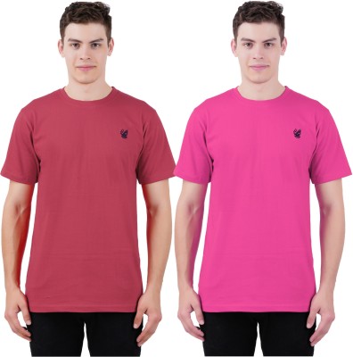 Just Live Fashion Solid Men Round Neck Maroon, Pink T-Shirt