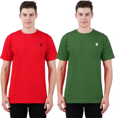 Just Live Fashion Solid Men Round Neck Dark Green, Red T-Shirt