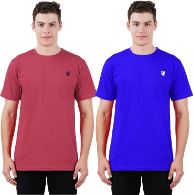 Just Live Fashion Solid Men Round Neck Blue, Maroon T-Shirt