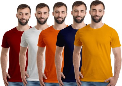 Boodbuck Solid Men Round Neck Dark Blue, White, Maroon, Orange, Yellow T-Shirt