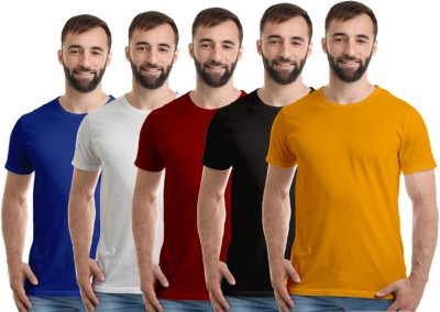 Boodbuck Solid Men Round Neck White, Maroon, Blue, Black, Yellow T-Shirt