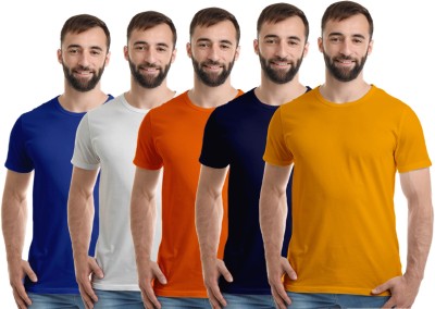 Boodbuck Solid Men Round Neck Dark Blue, White, Blue, Orange, Yellow T-Shirt