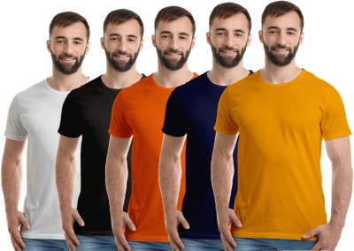Boodbuck Solid Men Round Neck Dark Blue, White, Black, Orange, Yellow T-Shirt