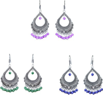 Waama Jewels Multi-Color 3 Silver Plated Oxidized Bali Combo Earrings For Women & Girl Brass Chandbali Earring