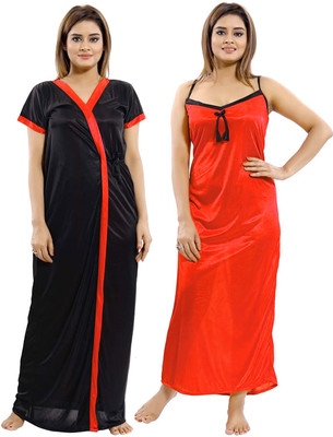 ANKONA Women Nighty with Robe(Black, Red)