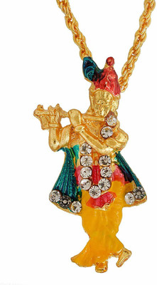Zumrut ® Jaipuri Handcrafted Gold Plated Brass CZ Studded Meenakari Lord Krishna Chain Locket Pendant Necklace Temple Religious Jewellery for Men/Women Gold-plated Brass Pendant
