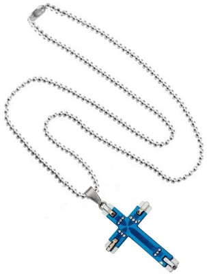 M Men Style Christmas Gift Christian Jesus Cross Holy Silver And Blue Metel , Stone 01 Necklace Pendant For Men And Women Rhodium Stainless Steel Pendant Set