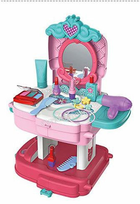 TKT Beauty Dresser Toy Set for Girls - Beauty Makeup & Hair Dressing Kit for Girls, Makeup Accessories with School Bag Pack Suitcase for Kids Girls (Happy Dresser) (Schoo