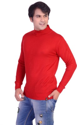 Joe Hazel Solid Turtle Neck Casual Men Red Sweater