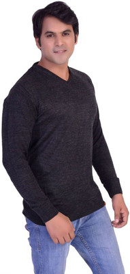 Joe Hazel Self Design V Neck Casual Men Black Sweater