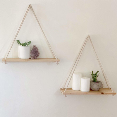 RAGHWANI Macrame Wall Hanging Shelf Wood Floating Boho Shelves with Wooden Dowel(White)