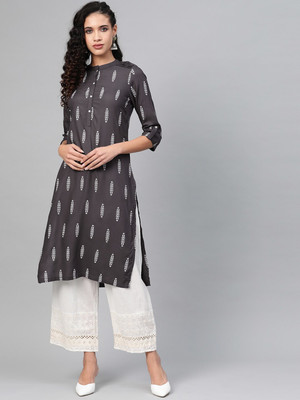 W Women Printed Straight Kurta(Grey)