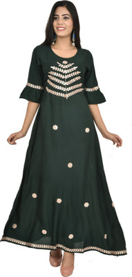 YOUTHQUAKE Women Self Design, Embroidered Gown Kurta(Dark Green)