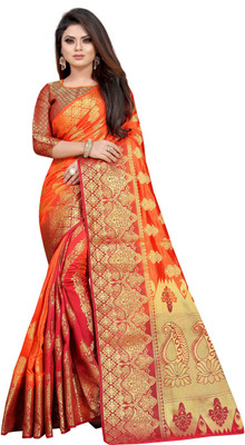 PICKWELL Self Design Banarasi Cotton Silk Saree(Red)